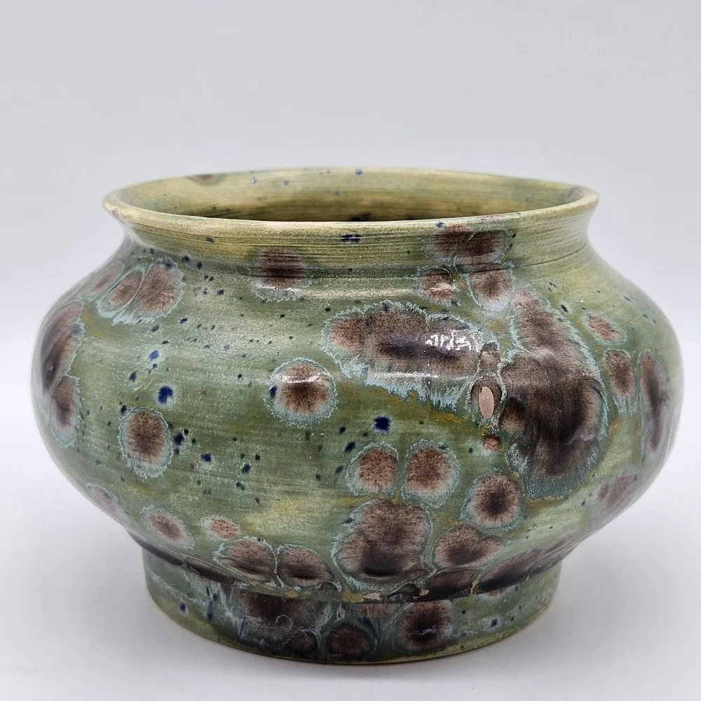 VTG Studio Pottery Crystalline Glaze Small Vase Pot Green Blue Brown Signed